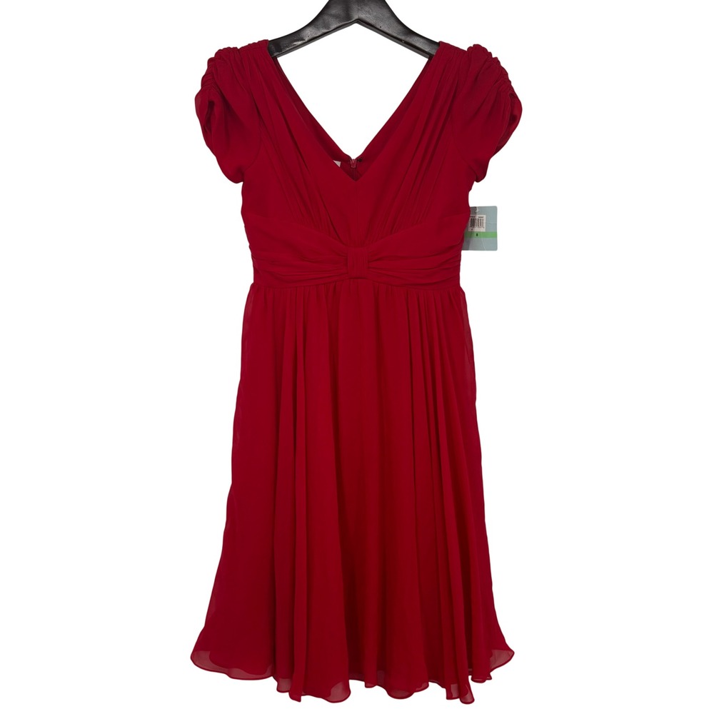 Suzi Chin Maggy Boutique Red Silk Chiffon V-Neck Ruched Cocktail Dress Size 8